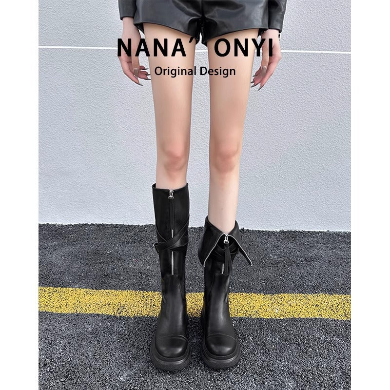 Women's Cowhide Version Style Black Riding Widened Boots