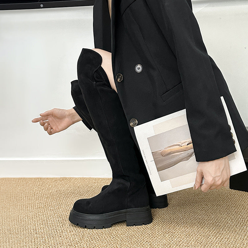 Women's Black Small Slimming Winter Thick Bottom Elastic Women's Leather Boots
