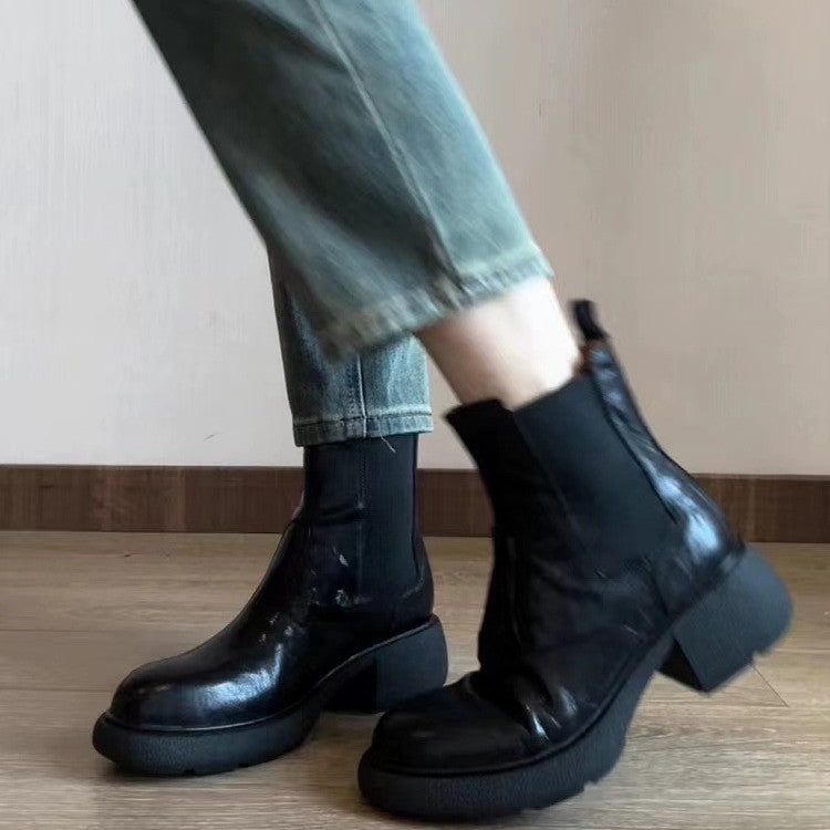 Women's Authentic Retro Platform Martin Texture Fashionable Chelsea Short Women's Leather Boots