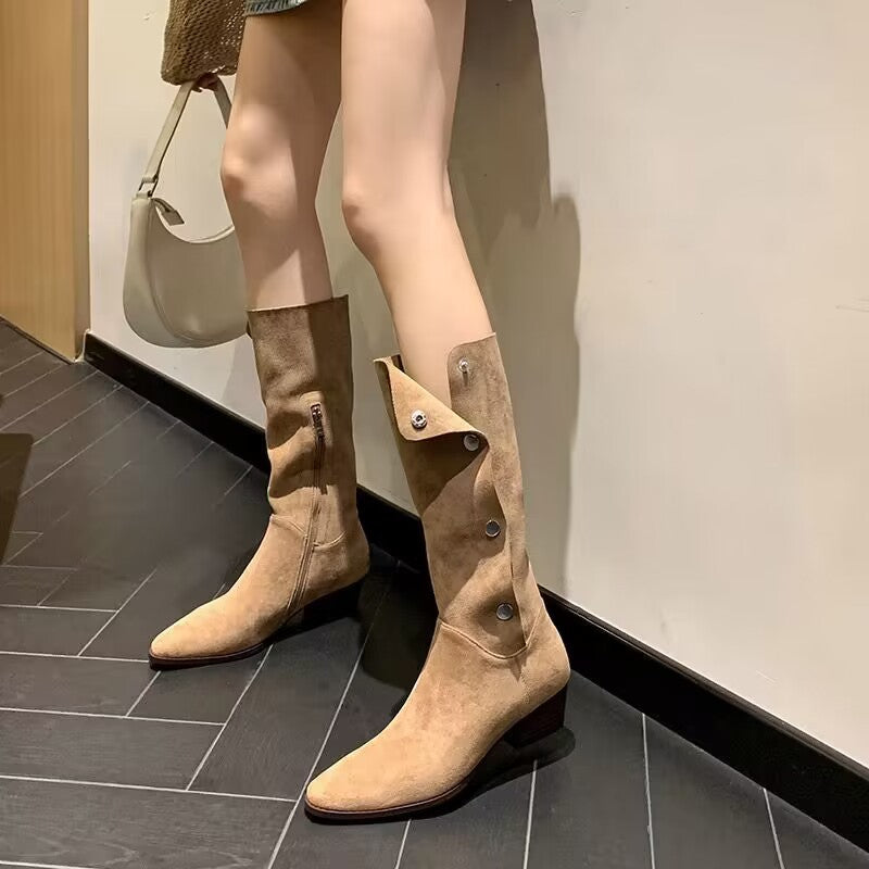 Women's Western Cowboy Pile Style Autumn Single Pointed Toe Long Chunky Women's Leather Boots