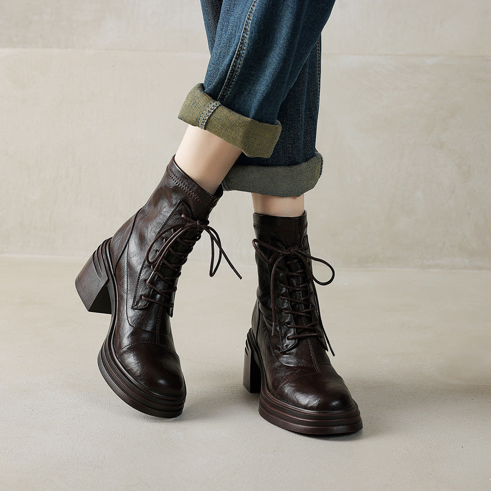 Women's Wear Town Store Treasure High Stretch British Martin Lace Up Women's Leather Boots