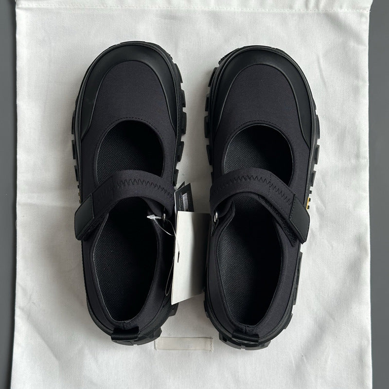 Thick Bottom Mary Jane Little Man Gospel Black Velcro Outdoor Women's Casual Shoes