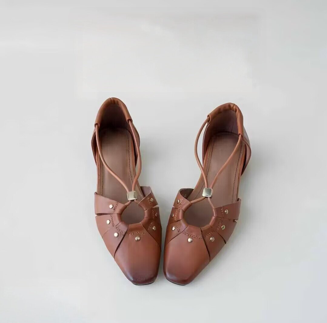 Women's French Square Toe Invisible Elevated Closed Rivet Flat Sandals