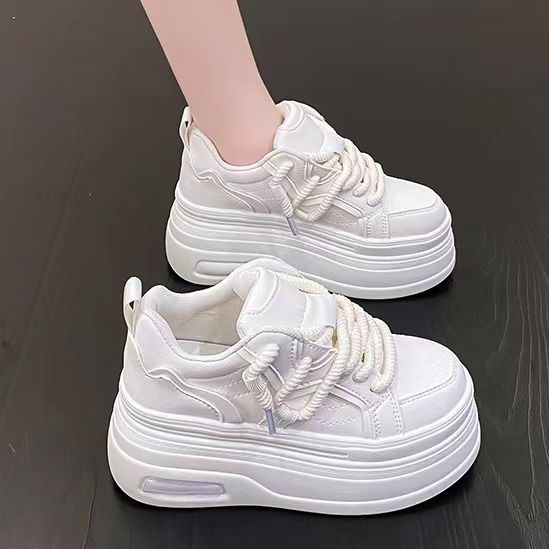 Women's Invisible Hidden White Small Platform Muffin Sneakers