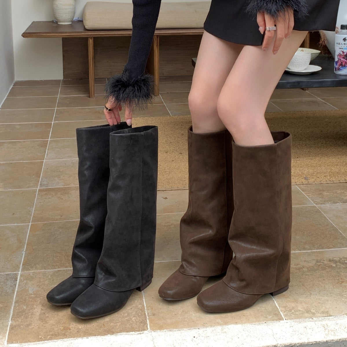 Retro Tall Knight Female Square Toe Pile Style Below The Boots