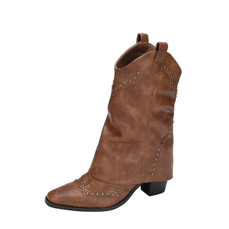 Pointed Rivets Long Female Small High Platform Below The Knee Women's Leather Boots
