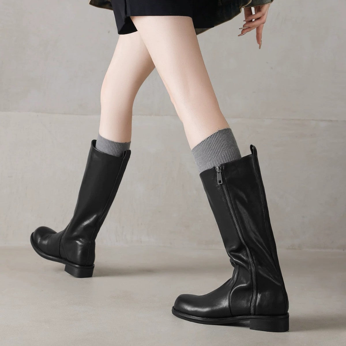 Women's Side Zipper Knight Thick Slimming British Style Simple Women's Leather Boots