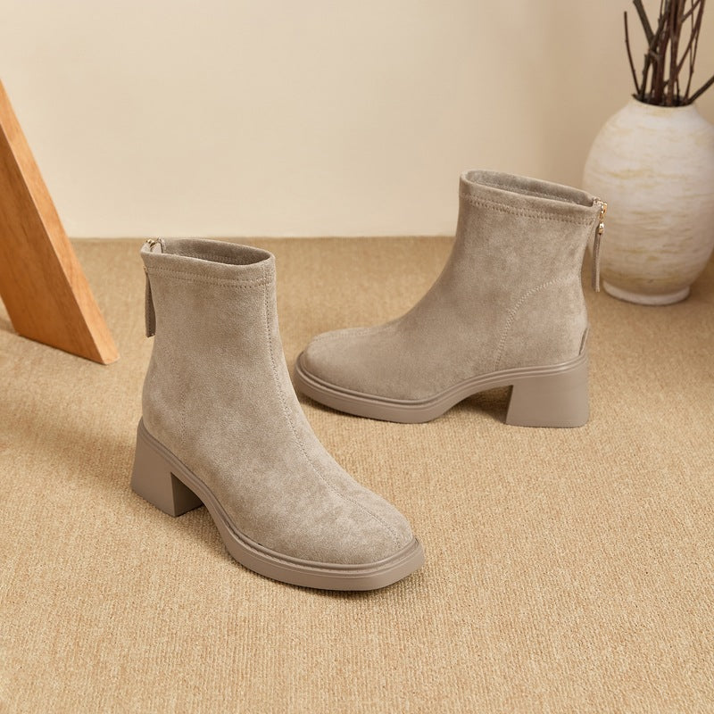 Women's Back Zipper Square Toe Thick Thin Vintage Fashion Suede High Women's Leather Boots