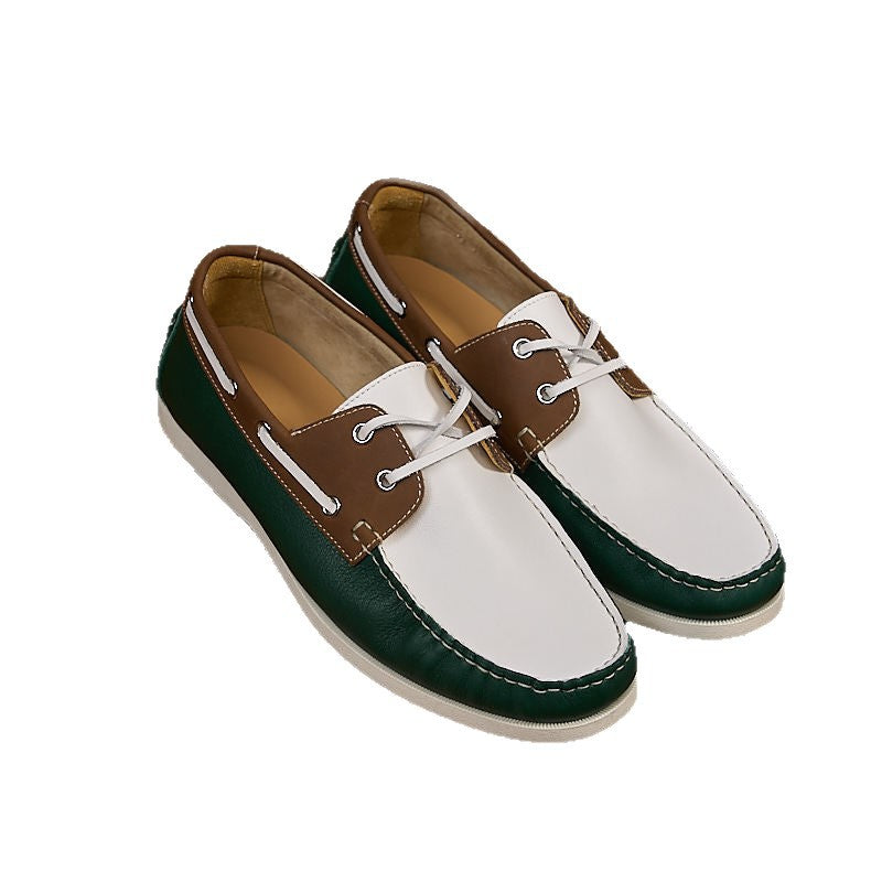 Men's Retro Color Matching Handmade Stitching British Style Summer Breathable One Loafers/doug Shoes