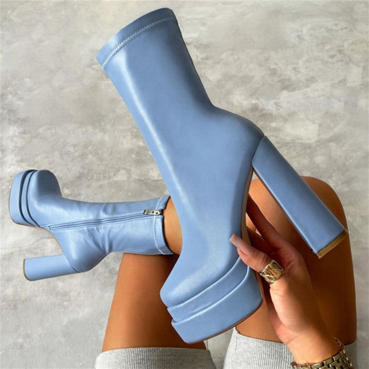 High Chunky Side Zip Waterproof Platform Middle Tube Stretch Fashion Boots