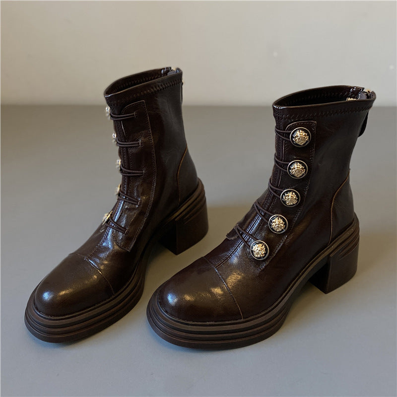 Golden Button Martin Female British Thick Skinny Women's Leather Boots