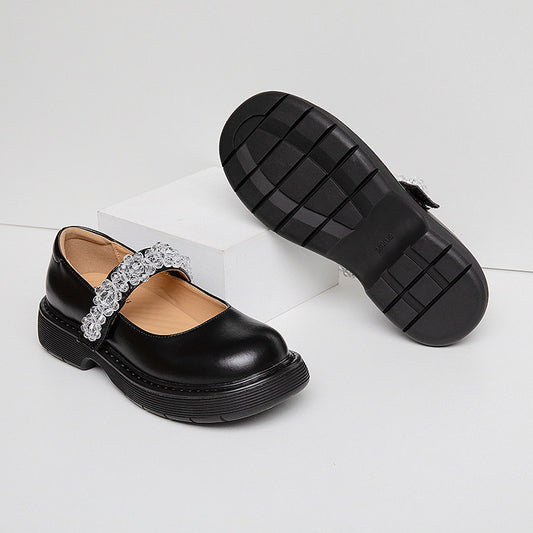 Women's British Rhinestone Popular Chunky Retro Minority French Leather Shoes