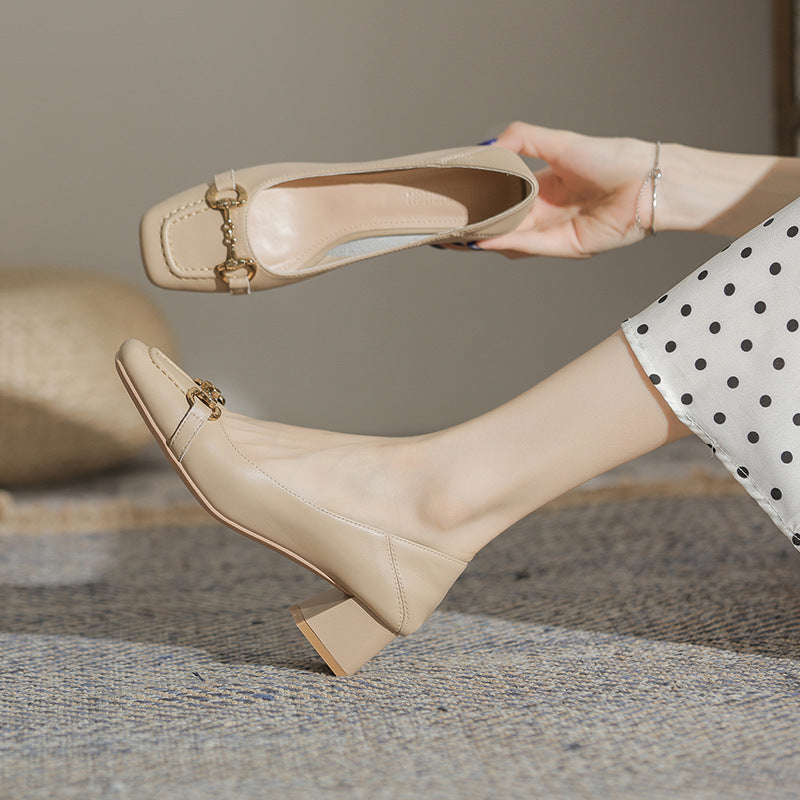 Pumps Autumn Square Toe Vintage Genuine Two Women's Shoes