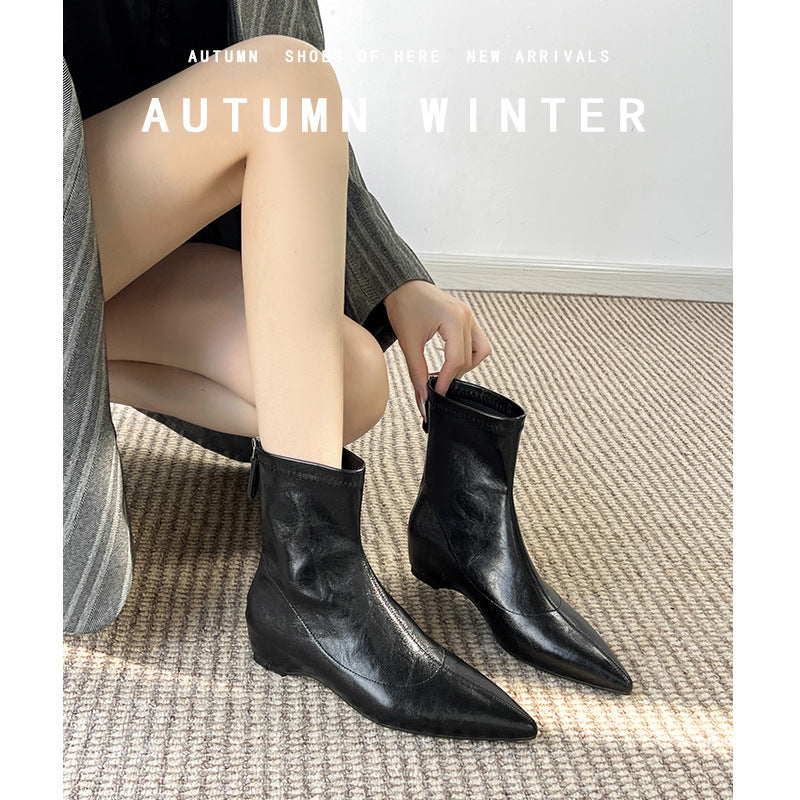Pointed Toe Flat Ankle Female Brown Back Zipper Low Elastic Women's Leather Boots