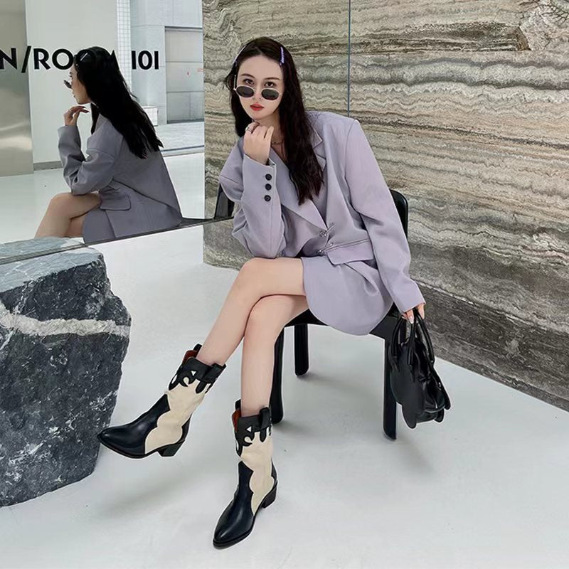 Women's Summer Thin Fashion Stitching Retro Slimming Thick Middle Women's Leather Boots
