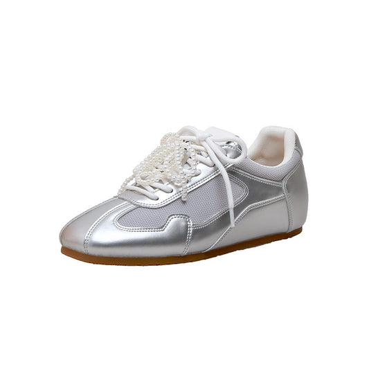Women's Cowhide Retro Lace Pearl Shoelace Height Increasing Insole Stitching Mesh Women's Sports Shoes