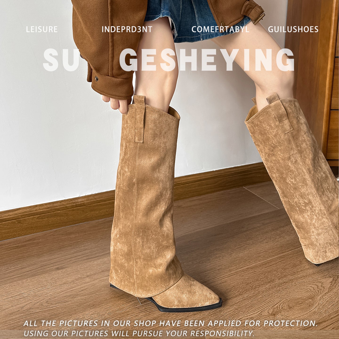 Women's Hot Khaki Chunky Pantyhose Below The Knee Brown Western Cowboy Women's Leather Boots