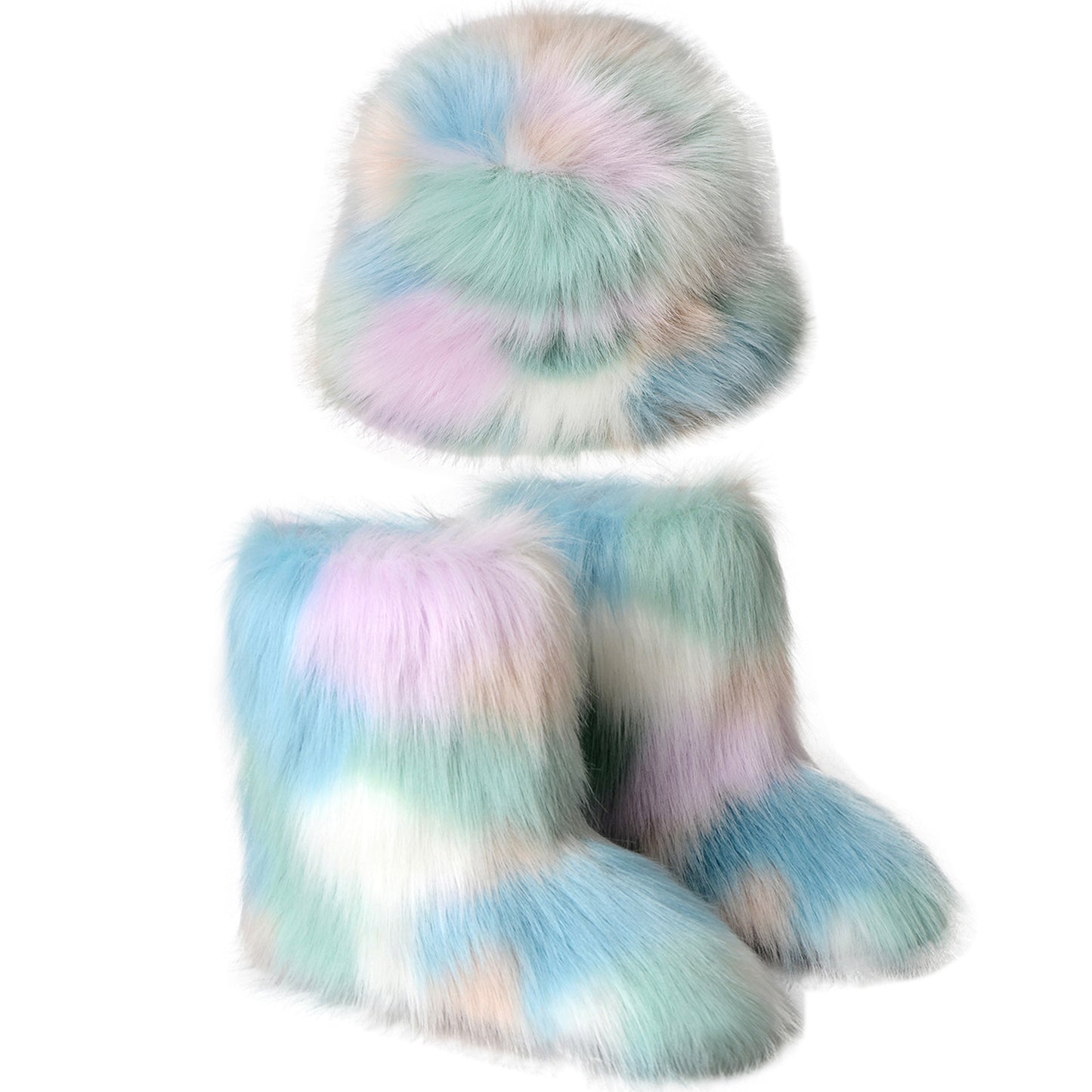 Women's Plush Suit Colorful Fur Bucket Hat Warm Snow Boots