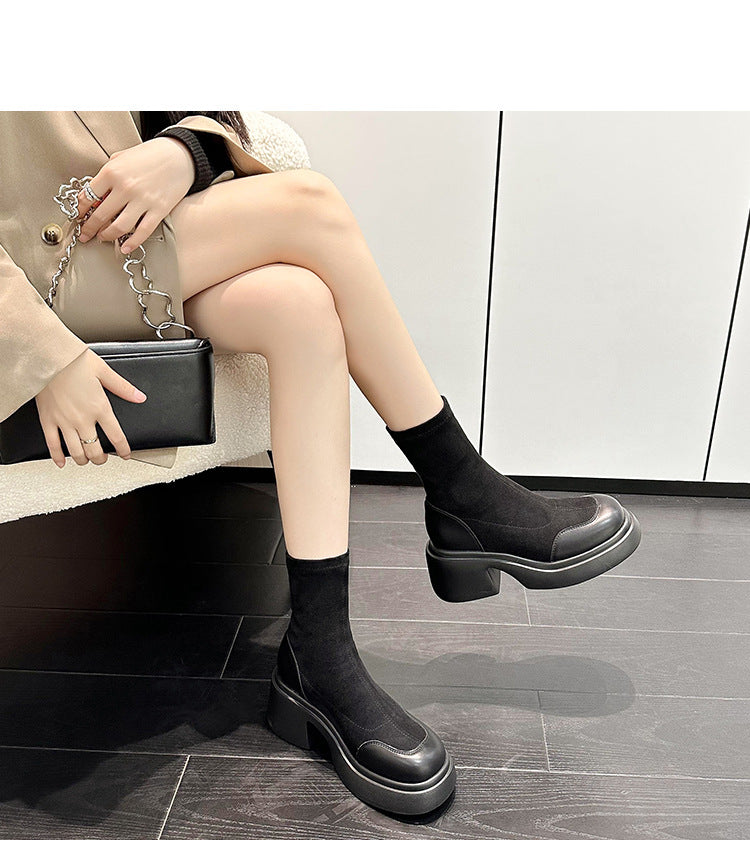 Women's Size Martin Platform Middle Tube Stretch Smoke Pipe Women's Leather Boots