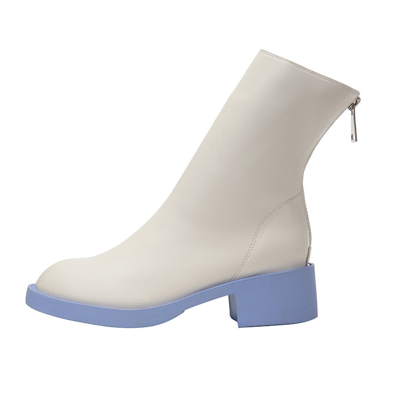 Chunky Knight Height Increasing Insole Skinny Back Zipper Contrast Boots