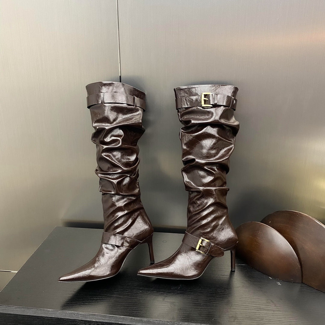 Autumn Belt Buckle Pile Style High Heels