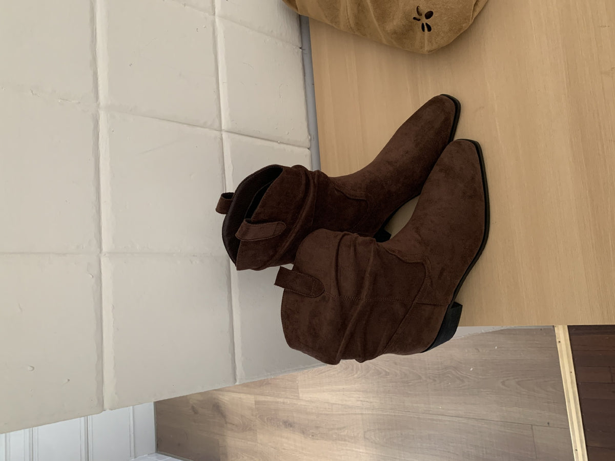 Women's Chunky Square Toe Middle Pleated Pile Style Vintage Boots