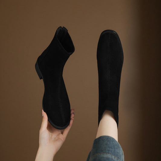 Women's Round Head Chunky Low Ankle Retro Back Zipper Women's Leather Boots