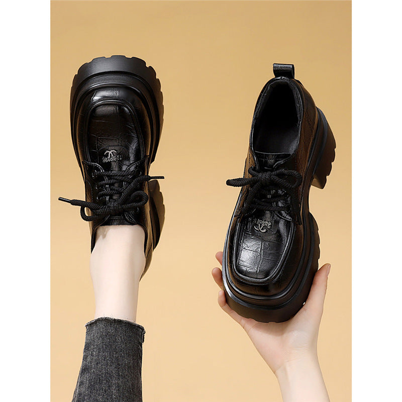 Women's Platform Black Tie Round Toe Mid Slimming Soft Bottom Women's Fashion Shoes