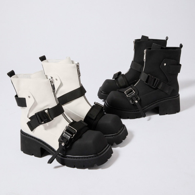 Square Toe Niche Black Warrior Mobile Thick Bottom Chunky Martin Women's Leather Boots