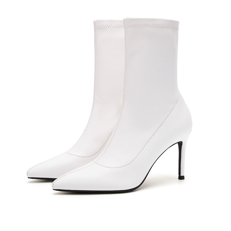 Women's Autumn High Pointed Stiletto Stretch Thin Slip-on White Heels