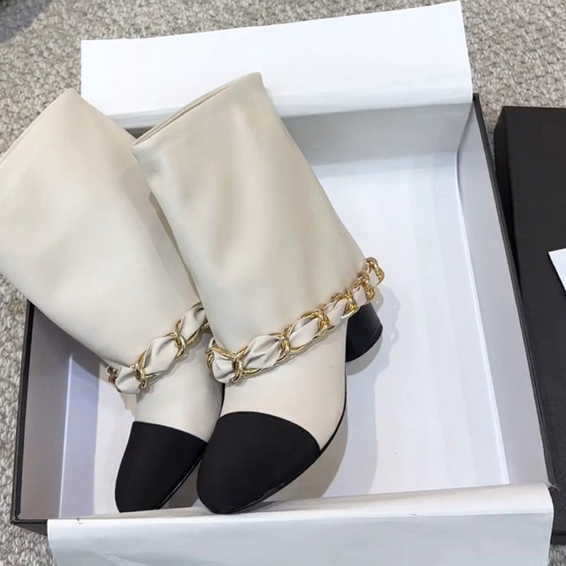 Women's Chain Tube Short Round Head Chunky High-heeled Women's Leather Boots