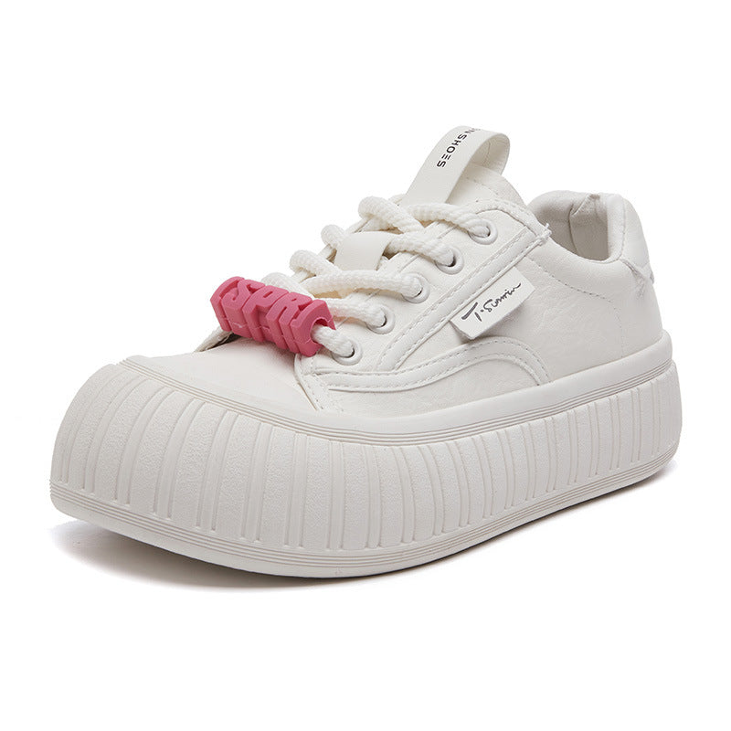 Women's Genuine Live White Spring Versatile Platform Muffin Sneakers