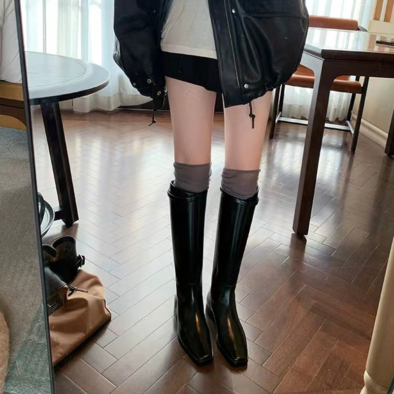 Women's Style Slimming Belt Buckle Below The Knee Chunky Platform Increased Boots