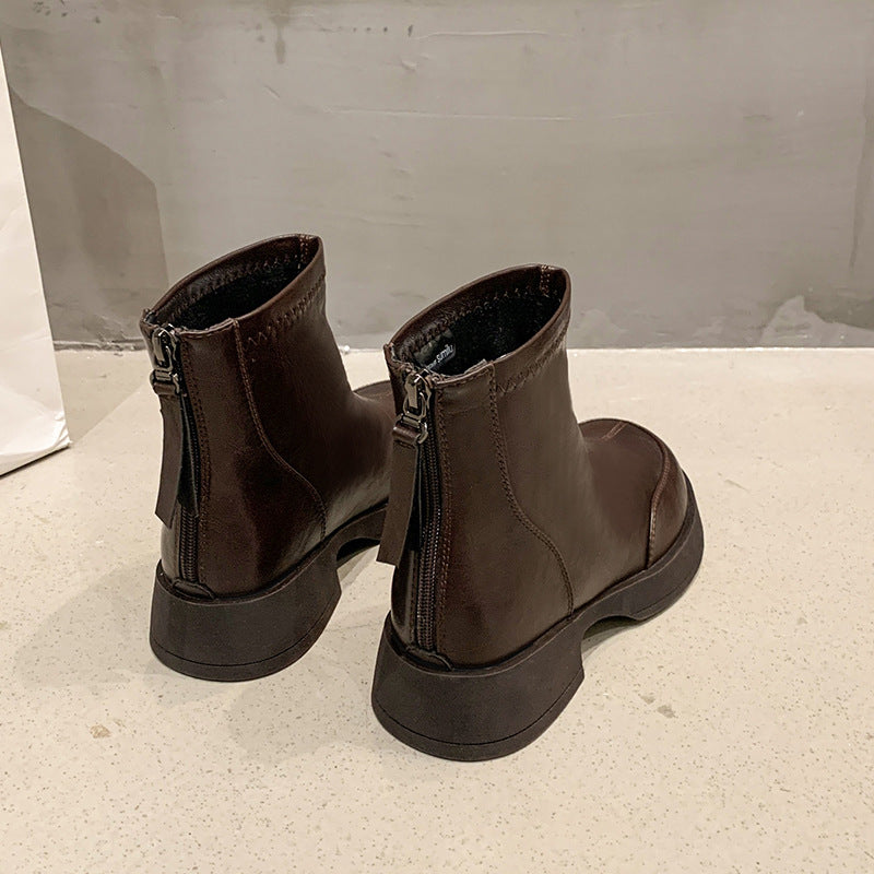 Women's Round Head Chunky Thin Short Back Zipper Increased Tube Women's Leather Boots