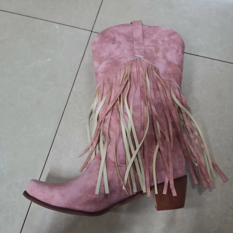 Women's Handmade Thick High Mid Pointed Toe Boots