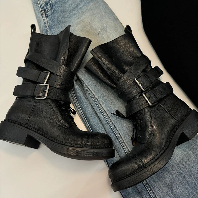 Women's Thick Bottom Retro Distressed Western Denim Women's Leather Boots