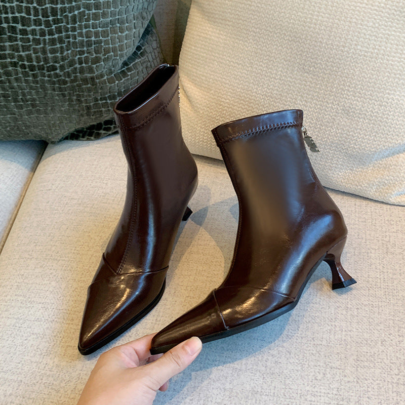 Women's Large-sized Stretch Pointed Ankle Skinny Widened Women's Leather Boots
