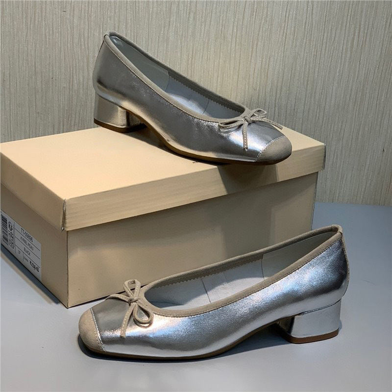 Women's Shallow Mouth Mid Round Head Genuine Bow Women's Shoes