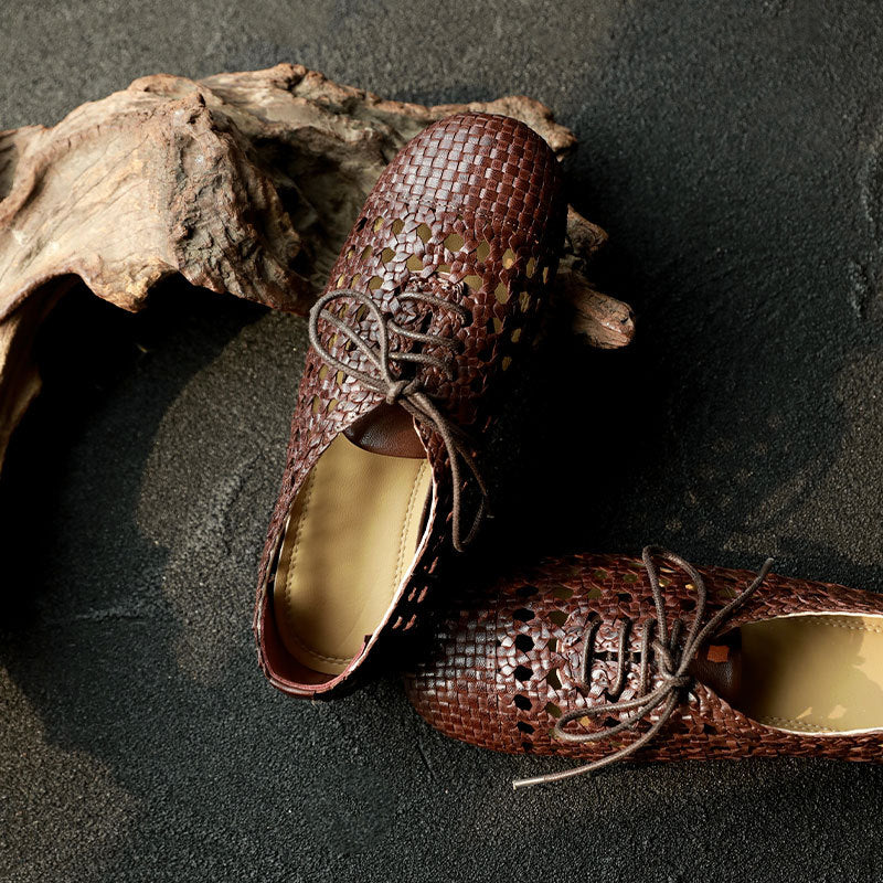 Women's Sheepskin Round Toe Hollow Out Woven Summer Flat Sandals