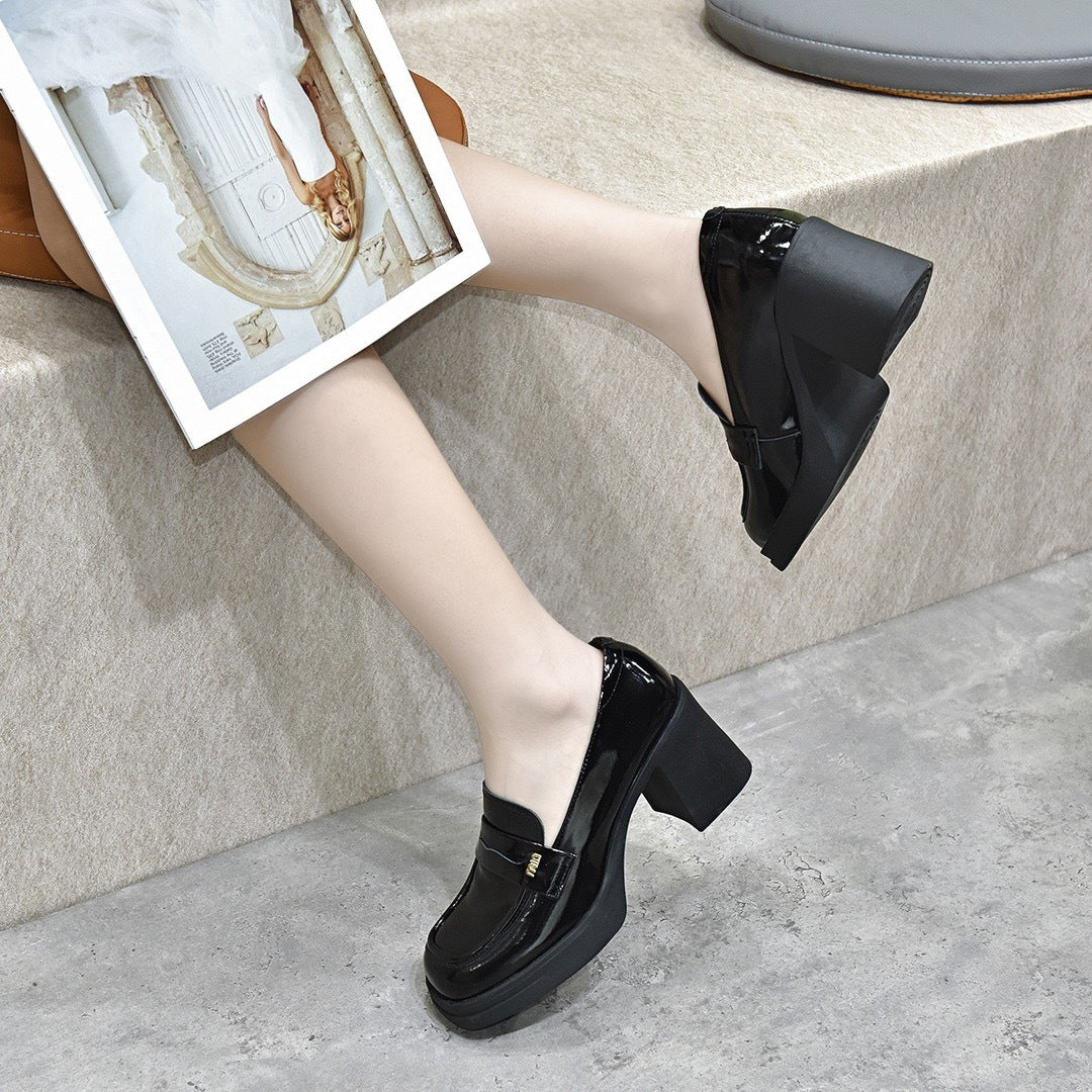 Women's Genuine Pumps High Black Patent Chunky Small Leather Shoes