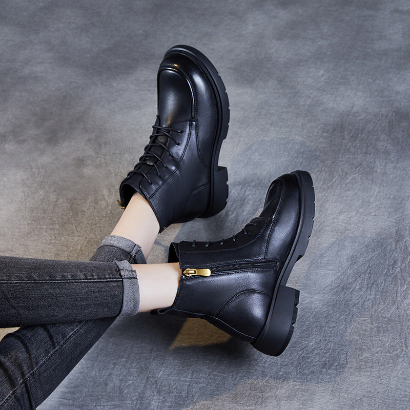 Women's Retro Lace Up Martin Side Zipper British Style Black Boots
