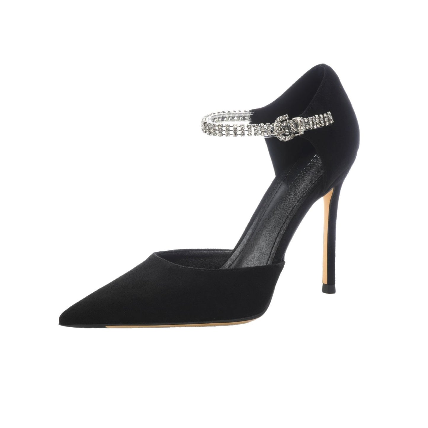 Women's Pointed High With Strap Pearl Chain Fine Black Suede Women's Fashion Shoes