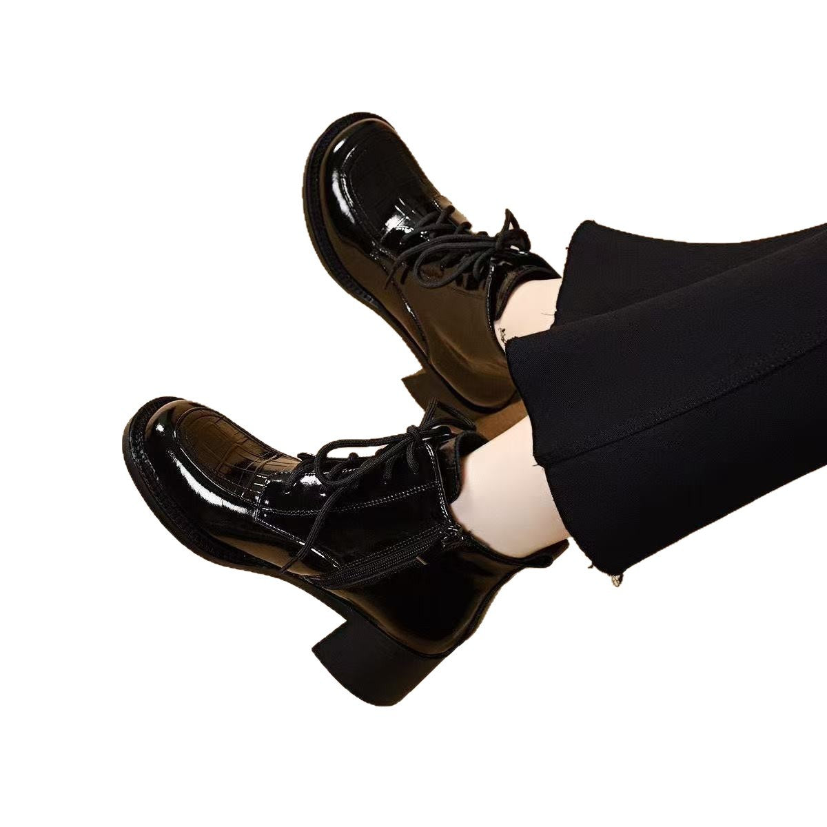 Women's Chunky Autumn Round Toe British Style High Leather Shoes