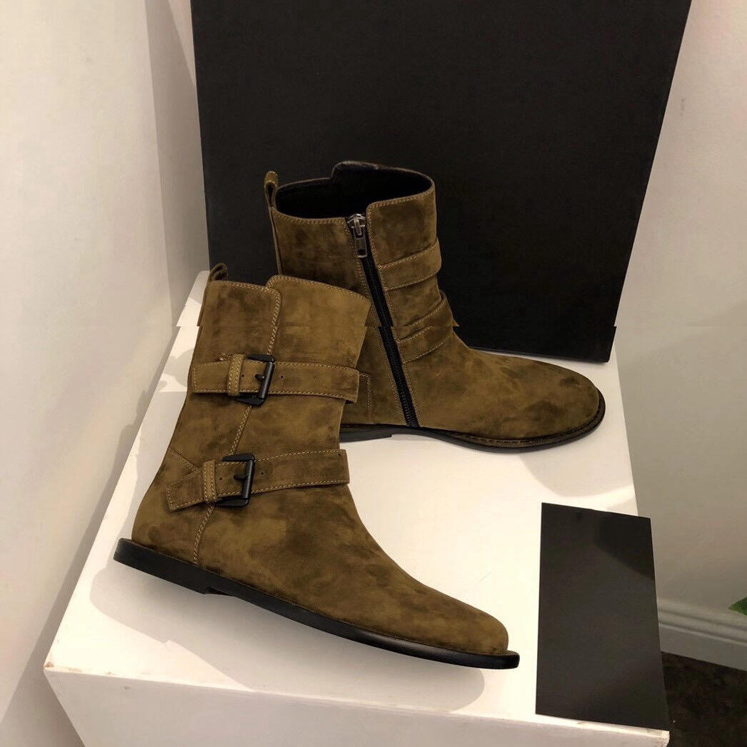 Women's Suede Flat Ankle Genuine Belt Buckle Women's Leather Boots