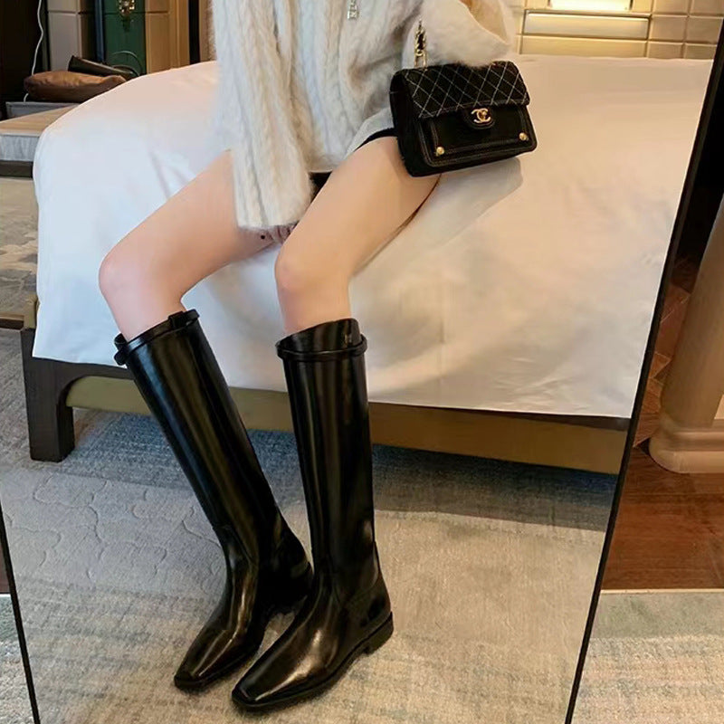 Women's Style Slimming Belt Buckle Below The Knee Chunky Platform Increased Boots