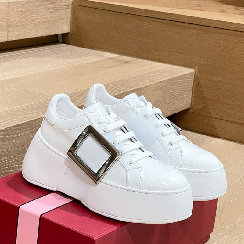 Women's Thick-soled High-rise Square Buckle Diamond White Genuine Platform Women's Casual Shoes