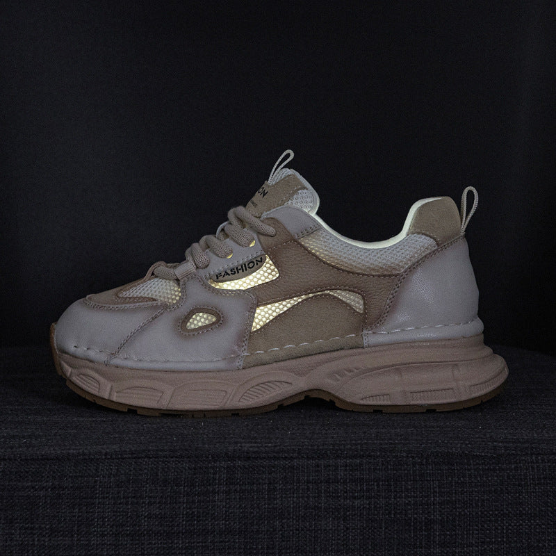 Women's First Layer Cowhide Lightweight Soft Sole Retro Color Matching Mesh Casual Shoes