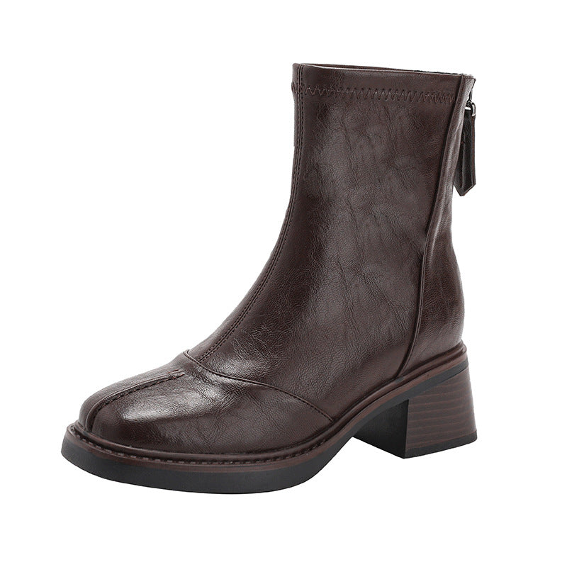 Women's French Hand Pattern Sheepskin Square Toe Martin Back Zipper Women's Leather Boots