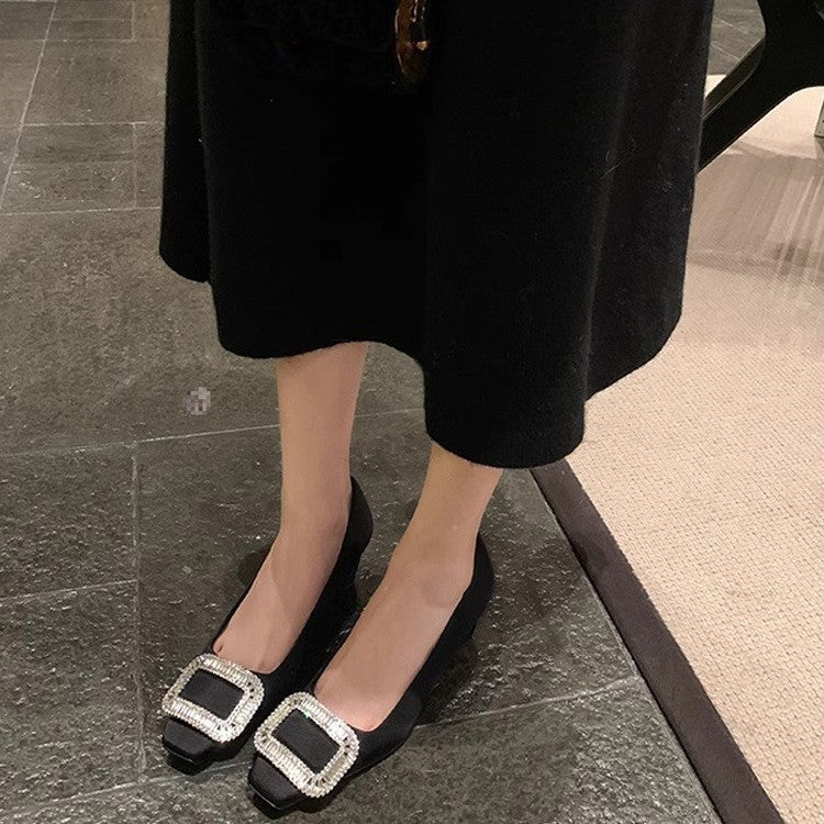 Women's High Black Satin Square Toe Chunky Rhinestone Women's Fashion Shoes