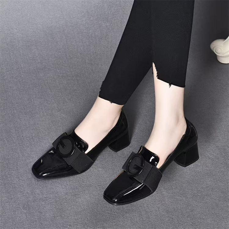 Women's Bottom Pumps Female Mid Chunky British Style Square Leather Shoes